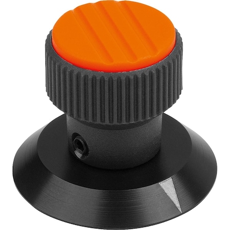 Kipp Knurled Knob W Arrow Size:3, D1=34, H=43, D=8, Plastic Black, Comp:Aluminum, Cap:Orange Ral 2004 K0249.3081